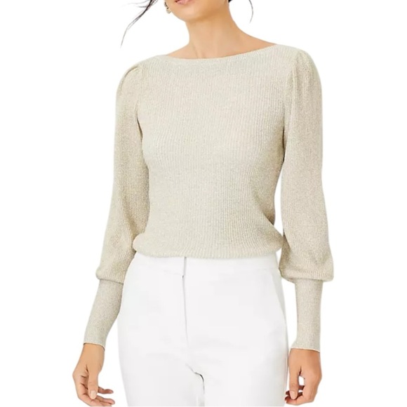 Ann Taylor Women’s Small Gold Metallic Sweater Ribbed Boatneck Balloon Sleeve - Picture 1 of 10